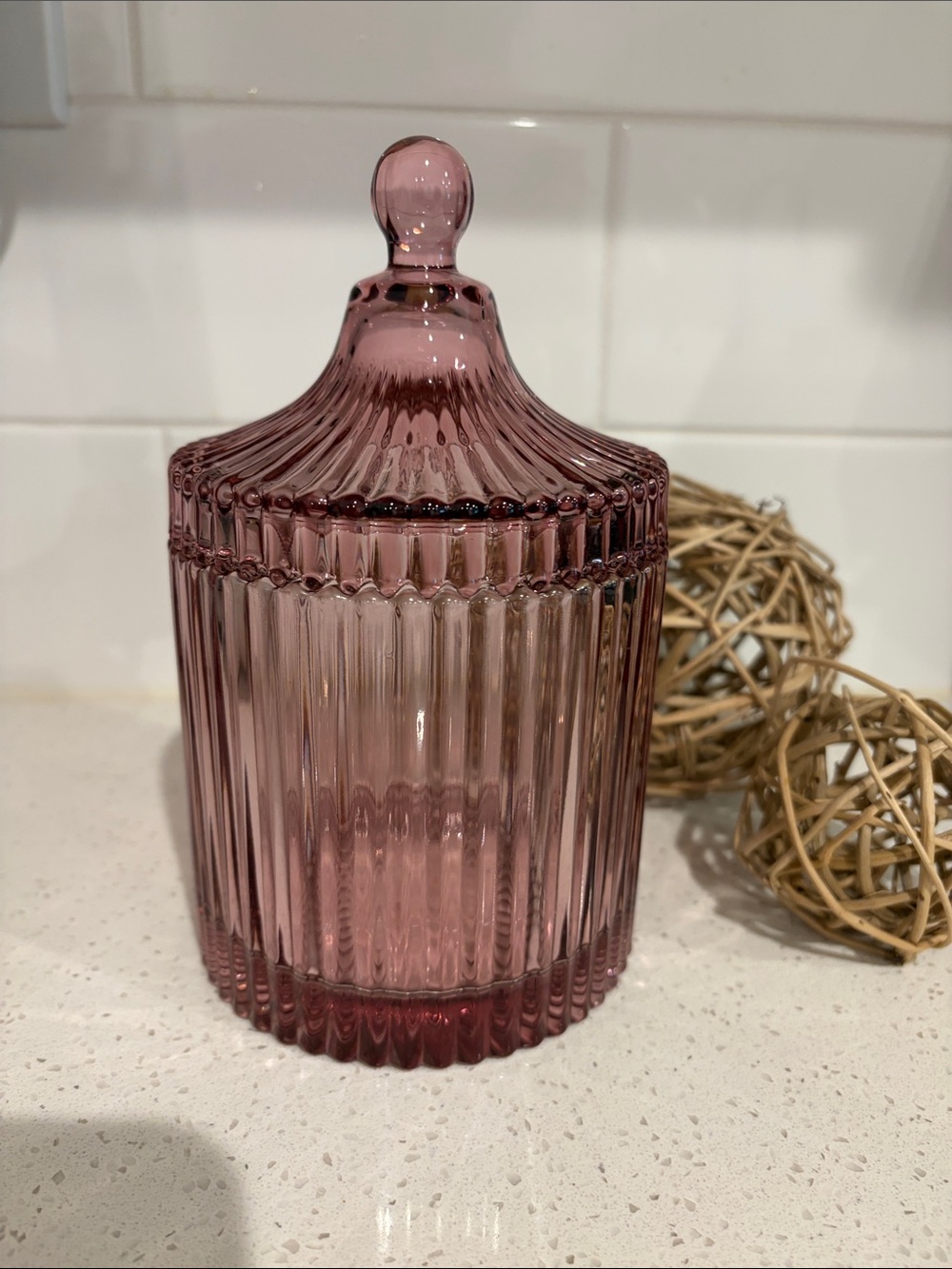 Vintage Inspired Rose Pink Ribbed Glass Lidded Canister